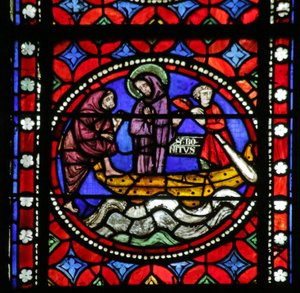 Vitrail représentant Scène de la Vie de Saint Bonnet : Saint en Route pour Rome et Aventures attendant son Compagnon